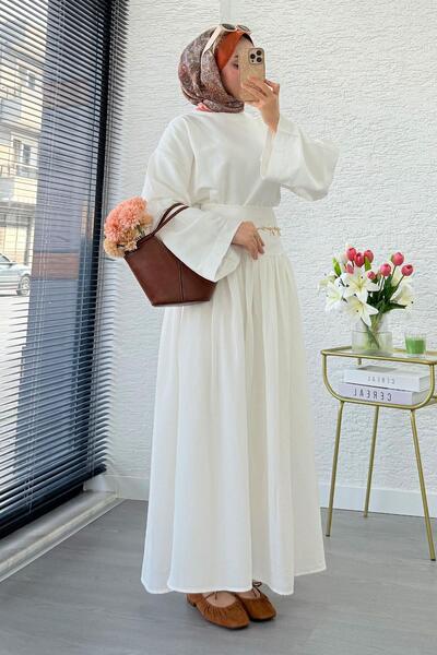 MELEK ARAZ Pinterest High Waist Linen Skirt Set – White