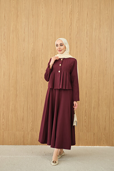 LOCCO Women's Pleated Detailed Gold Button Detail Skirt Suit Burgundy