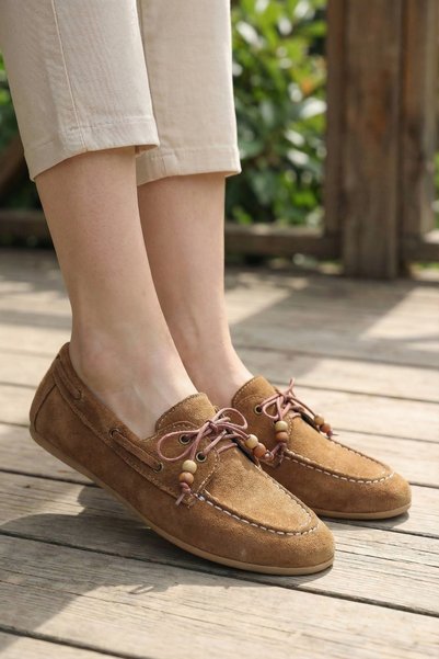 Zoe3 Style Women's Tan Suede Look Lace-Up Casual Flat Loafer Shoes