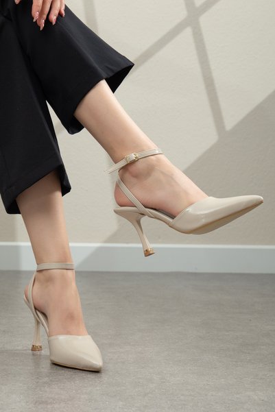 M Miss dark moda Thin Ankle-Strap Wrinkled Patent Leather Special Heel Stylish Women's Stiletto