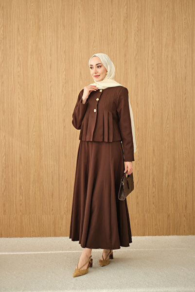 LOCCO Women's Pleated Detailed Gold Button Detail Skirt Suit Brown