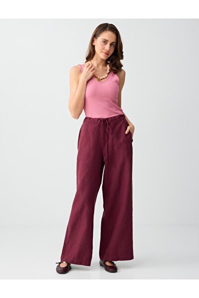 Jimmy Key Μπορντό 100% λινό παντελόνι με φαρδιά μπατζάκια και κορδόνια, ψηλόμεσο