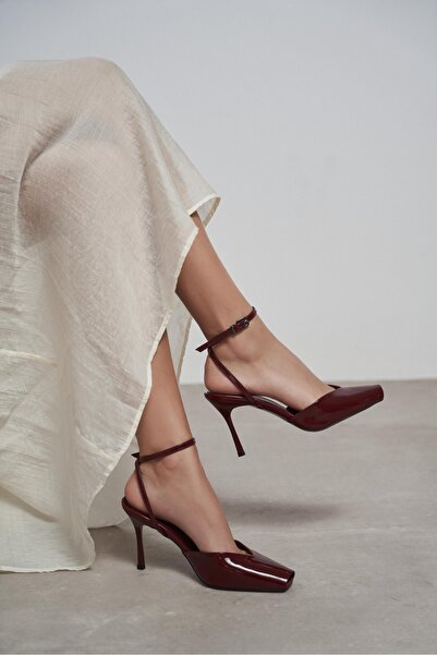 NİŞANTAŞI SHOES Kahla Burgundy Patent Leather Ankle Strap Open Toe Detail Wom...