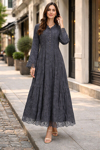 Lissmore Kol Ve Etek Kısmı Güpür Detaylı Yandan Cepli 100 yüz İpek Elbise