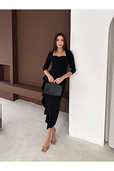 Kiki Kare Yaka Volan Detaylı Asimetrik Kesim Elbise