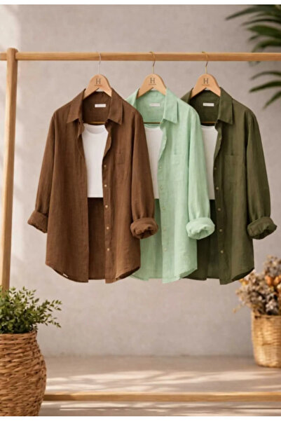 blackbonds 3'lü Kahverengi, Mintyeşili ve Askeryeşili Oversize Keten %100 Pam...