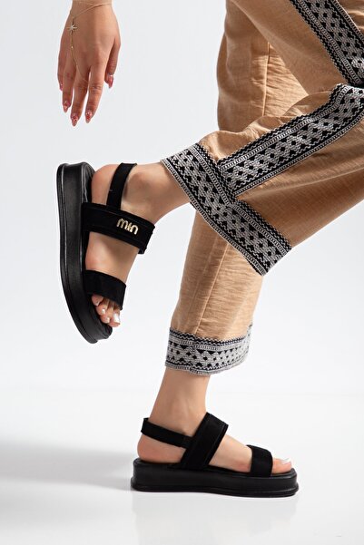 BAHRİNA Women's Black Suede Buckle Sandals