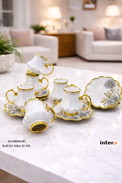 İnterlife Çiçek Desenli Altın Detaylı Porselen Türk Kahvesi Fincan Takımı 12 ...