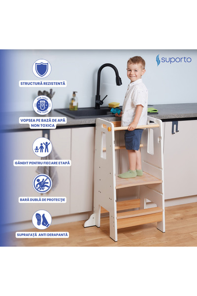 Suporto Children's Learning Tower, Adjustable Step, Railings, White/Brown