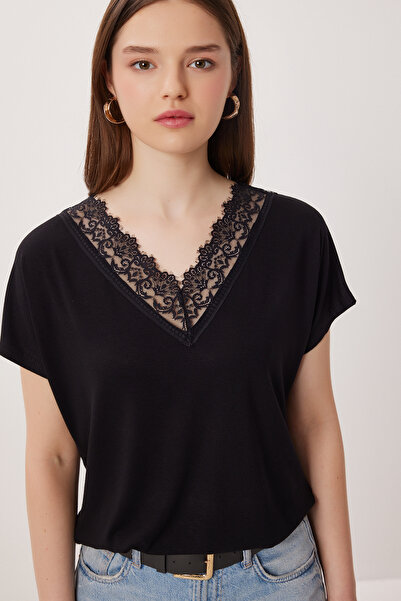 Lovelyİstanbul Bluză din viscoză cu detalii din dantelă LRN0025 NEGRU