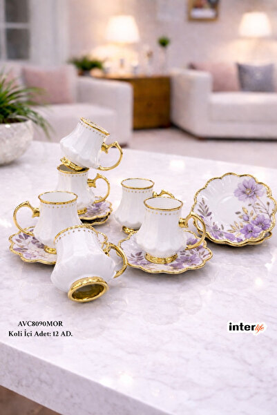İnterlife Çiçek Desenli Altın Detaylı Porselen Türk Kahvesi Fincan Takımı 12 ...