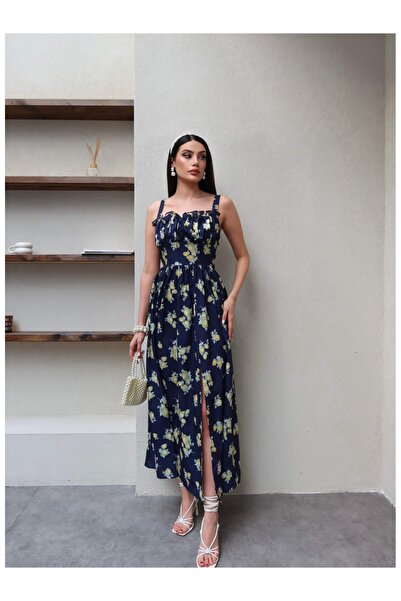 ESRAHELVACI فستان بفتحة عند الصدر ونقشة الليمون