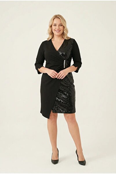 hazelin Women's Black Plus Size Double Breasted Collar Sequin Detailed Midi E...