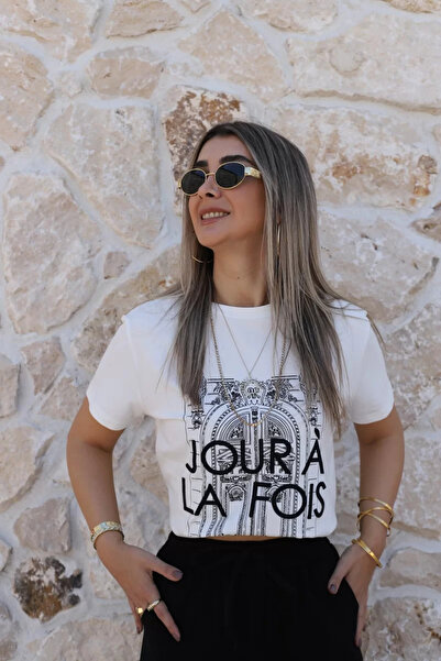 bytugcekaya Black-ecru print and embroidery detailed t-shirt