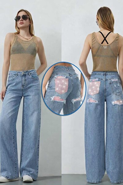 Nobrand Blugi Damă Wide Leg cu Talie Înaltă și Buzunare cu Aplicații Străluci...