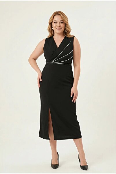 hazelin Women's Black Plus Size Silver Stone Embellished Slit Detail Evening ...