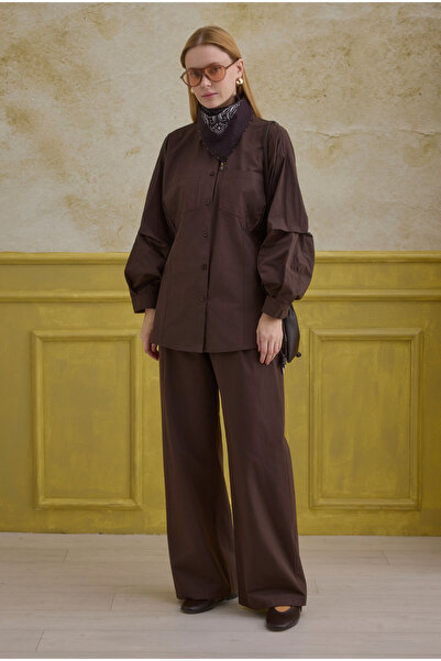 HEQA Cămașă cu mâneci cu detalii, 100% bumbac, maro