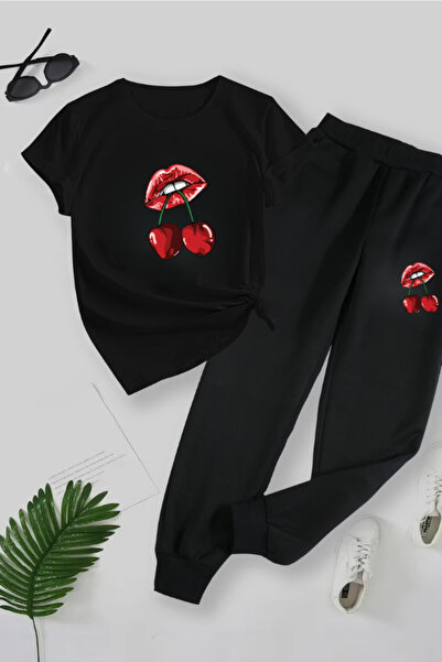 MİDAD Cherry Printed T-Shirt - Jogger T-Shirt Crew Neck Bottom Top Tracksuit Set
