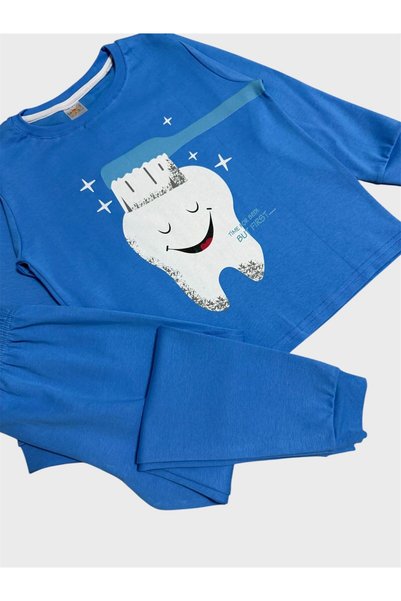 elmas kids Boy's 100% Cotton Blue Toothbrush Patterned Long Sleeve Pajama Set