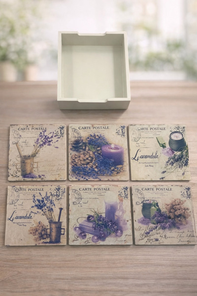 PARTİPORT Lavender Patterned 6-Piece Coaster Set with Wooden Stand 10.5X10.5 ...