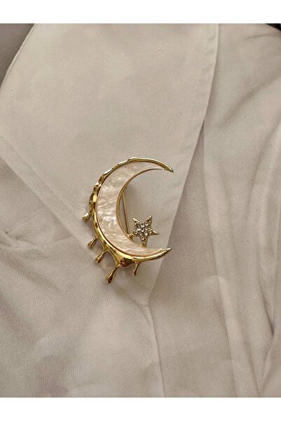 Esmeray Aksesuar Metal Gold Renk Kristal Taşlı Ay Yıldız Figürlü Broş / Yaka ...