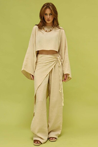 vuvutasarım New Season Stone Detailed Muslin Fabric Tied Women's Trousers 36642