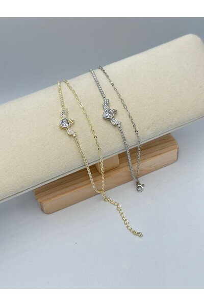 BYYEŞO Double Chain Heart Detailed Steel Bracelet Silver