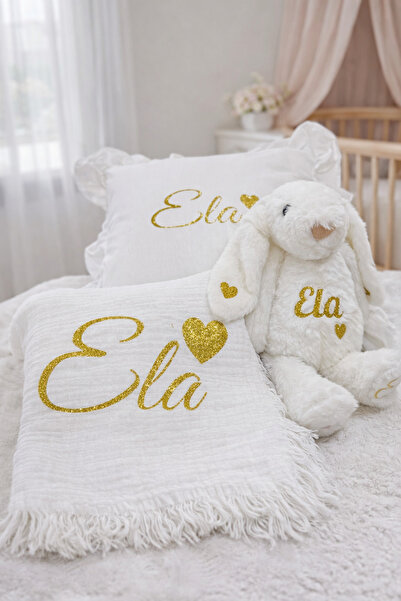 Doğadan Concept Kişiye Özel İsimli Bebek Yastık & Battaniye & Peluş Tavşan Se...