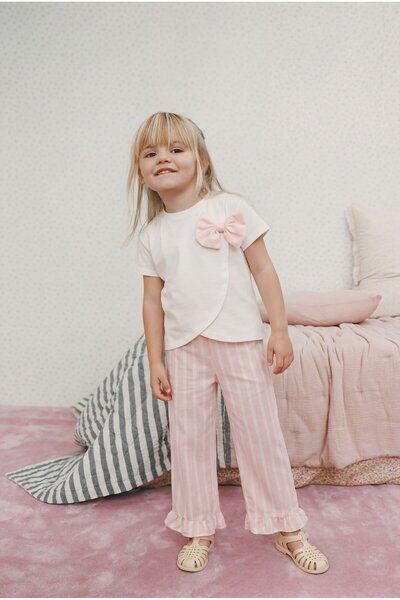 Magu Girl's Cotton White Bow Detail T-Shirt and Pants Set - Pink Striped