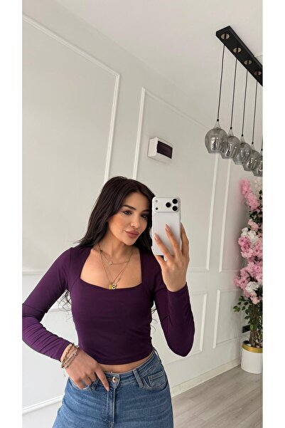 Daves بلوزة مرنة بياقة مربعة - بلون البرقوق