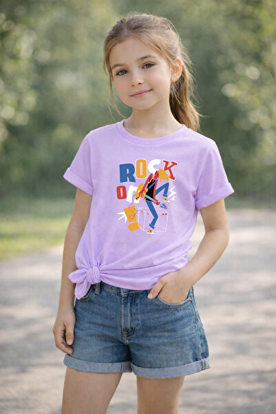 MYADA تي شيرت للأطفال مطبوع عليه Rock On Girl مصنوع من القطن بنسبة 100% 26084
