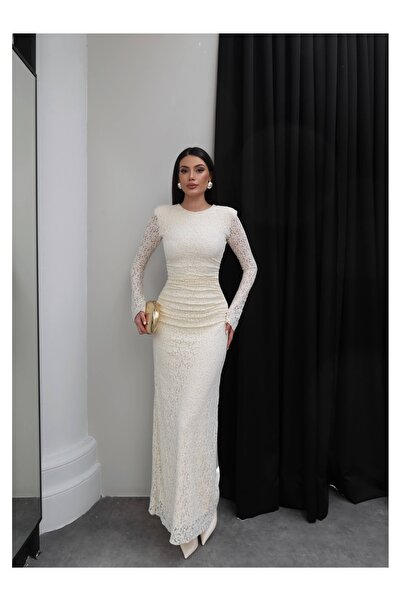ESRAHELVACI Omuz Vatkalı Uzun Dantel Elbise