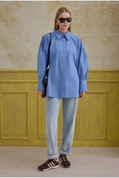 HEQA Cămașă 100% bumbac cu pliuri la spate, albastră