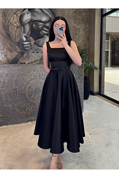 missswans Kami Kemeri Kelebek Detaylı Midi Boy Eteği Volanlı Kalın Askılı Sat...