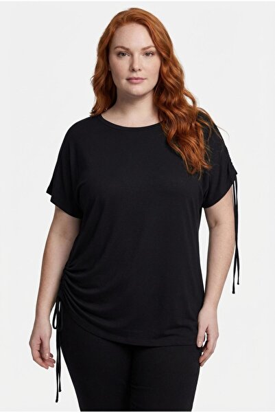 Ebsumu Women's Plus Size Black Blouse with Drawstring Detail