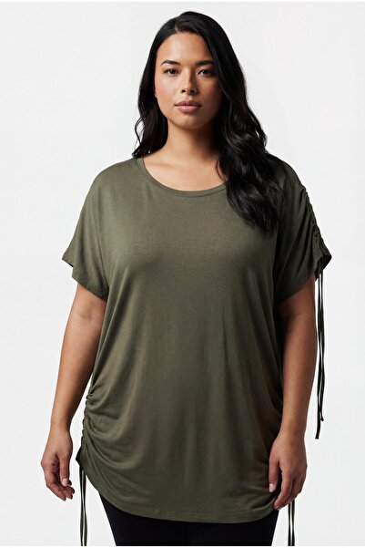 Ebsumu Women's Plus Size Khaki Blouse with Drawstring Detail