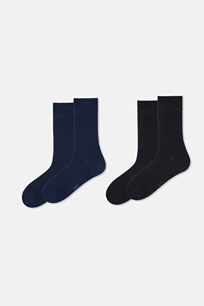 Dagi Navy Blue-Black Men's 2-Piece Stripe Pattern Bamboo Socks