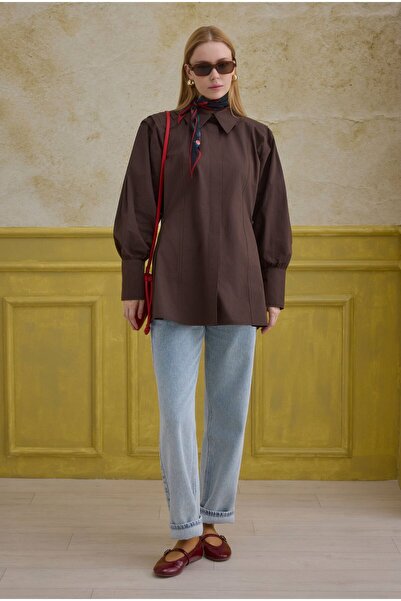 HEQA Cămașă 100% bumbac cu pliuri la spate, maro