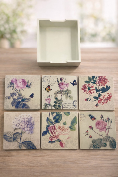 PARTİPORT Vintage Floral Patterned Set of 6 Coasters with Stand 10.5X10.5 cm ...