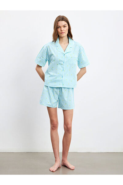 LC Waikiki طقم بيجامة نسائي مخطط بياقة روبا مع شورت من UZG STORE للنساء الأنيقات