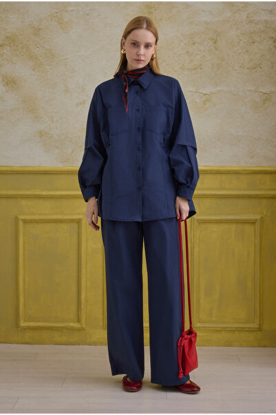 HEQA Cămașă cu mâneci detaliate, 100% bumbac, bleumarin