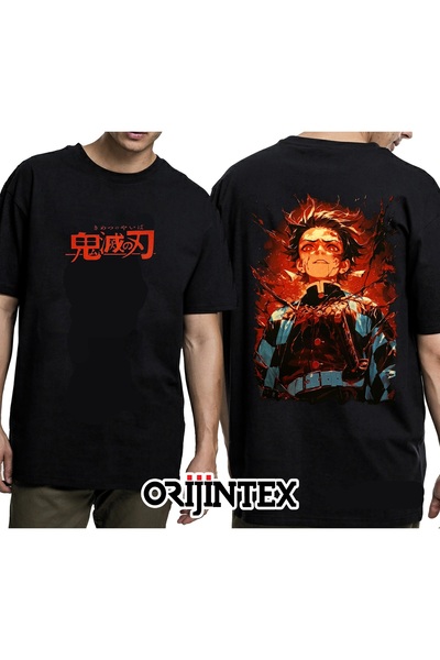 orijintex Demon Slayer Tanjiro Kamado Front and Back Printed Unisex Black Tshirt