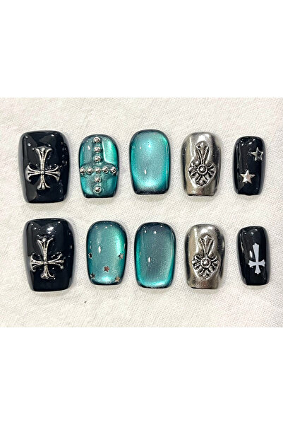 Nailvana (Μεσαία) Χειροποίητα Αυτοκόλλητα Νύχια με Σταυρό σε Τιρκουάζ Γκλαμ Στυλ