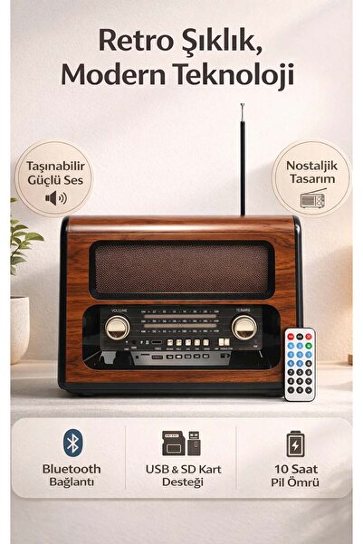 FaroxTech Nostaljik Görünümlü Modern Bluetooth Radyo - 10 Saat Pil Ömürlü