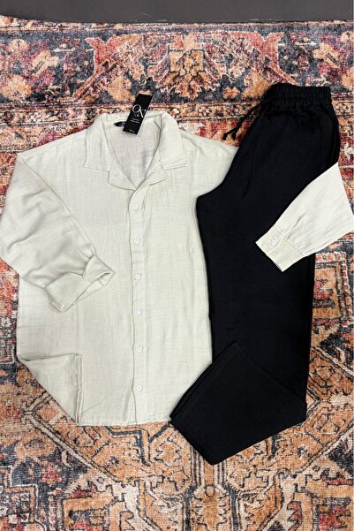 CAST COLLECTİON Men's White Muslin Linen Blend Shirt & Black Muslin Linen Tro...