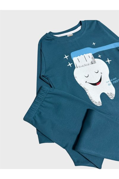 elmas kids Boy's 100% Cotton Petrol Green Toothbrush Patterned Long Sleeve Pajama Set
