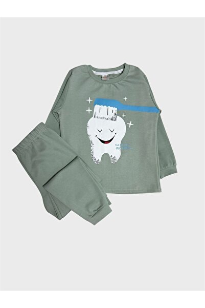 elmas kids Момчешки пижамен комплект от 100% памук, зелен, с десен на четки з...