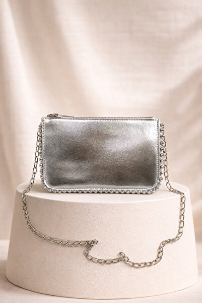 Miernebag Trok Detailed Chain Strap Edge Women's Hand and Shoulder Bag Silver