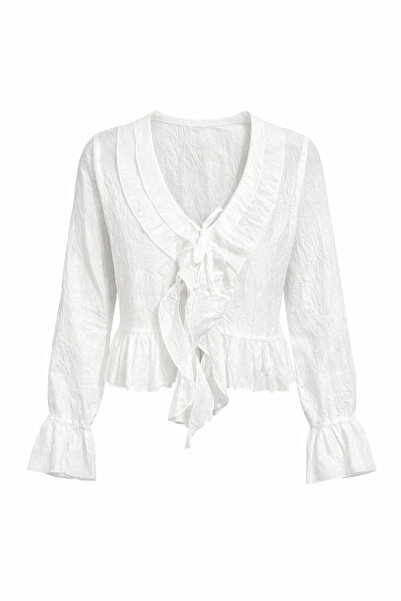 Mixray 4727 Bluză de damă cu volane la guler, ecru