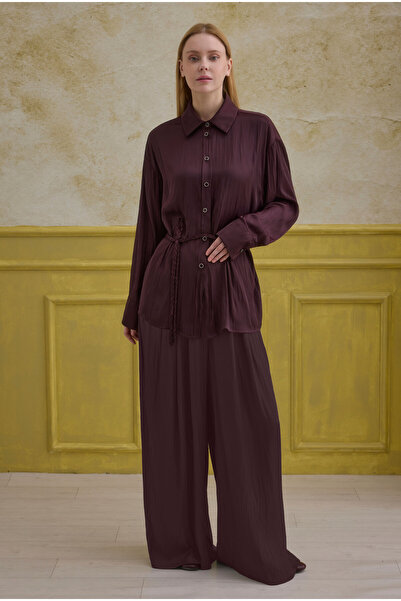 HEQA Costum drapat roșu claret